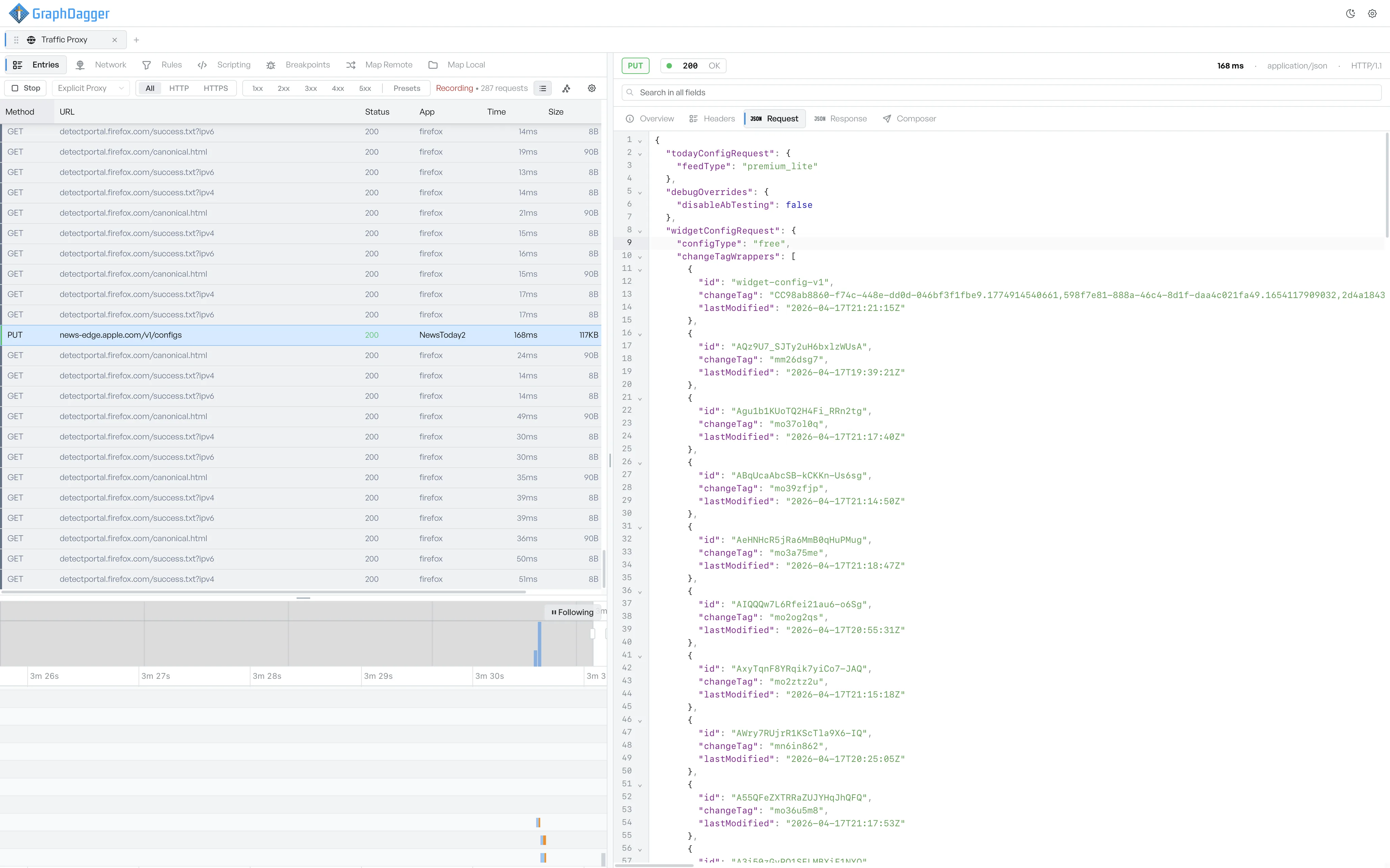 A PUT request opened to the Request tab with a large JSON body pretty-printed and collapsible