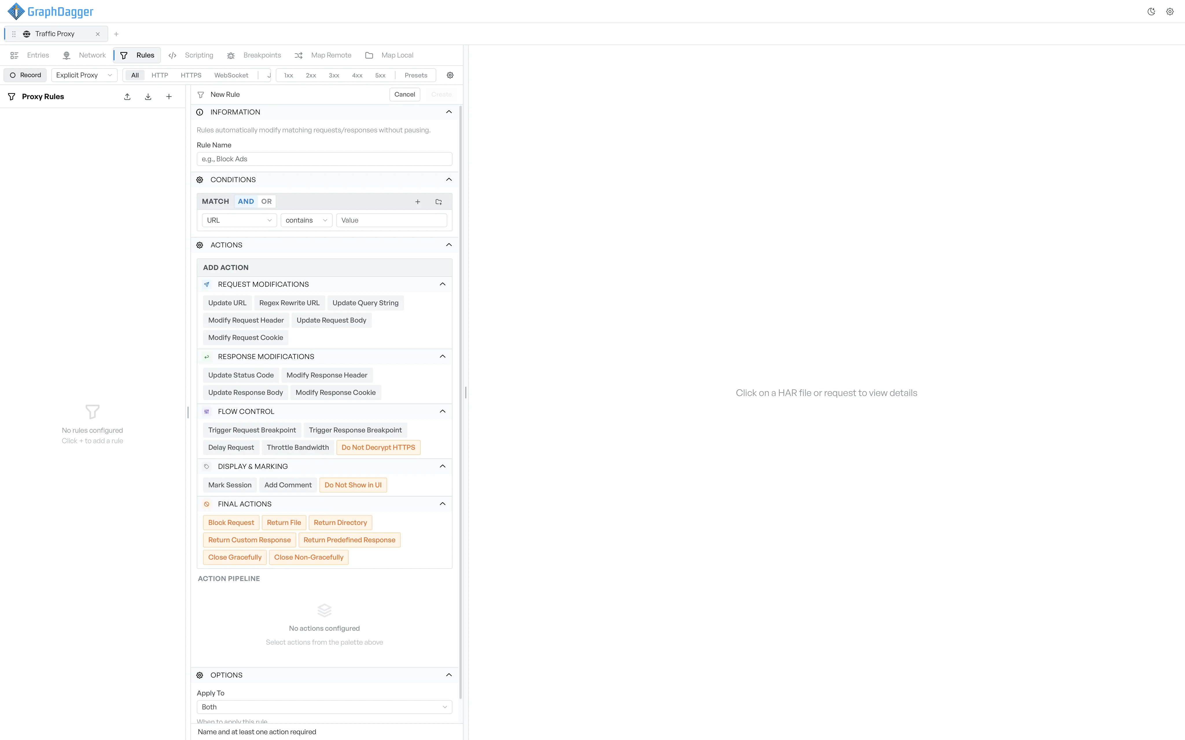 The Actions palette showing five groups of actions, with an empty Action pipeline underneath