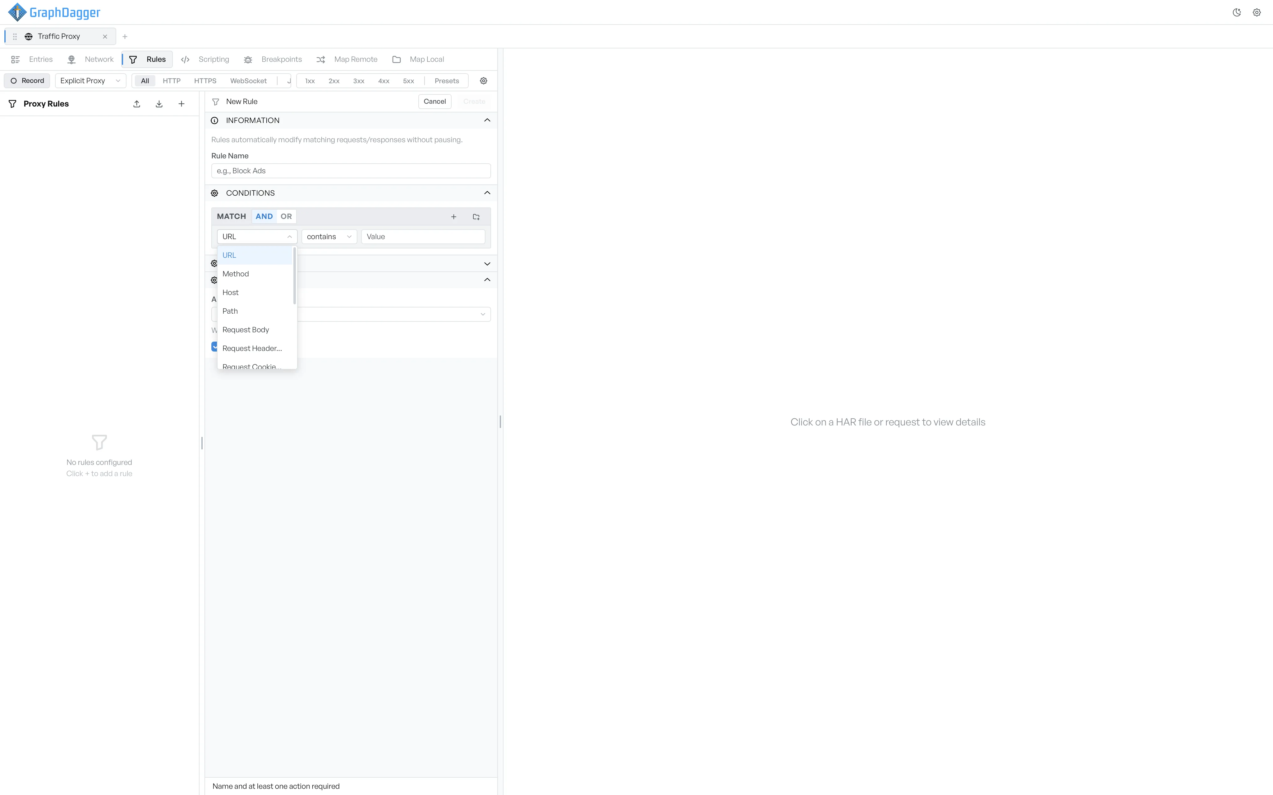 A new rule form with a condition field dropdown open, showing URL, Method, Host, Path, Request Body, Request Header and Request Cookie