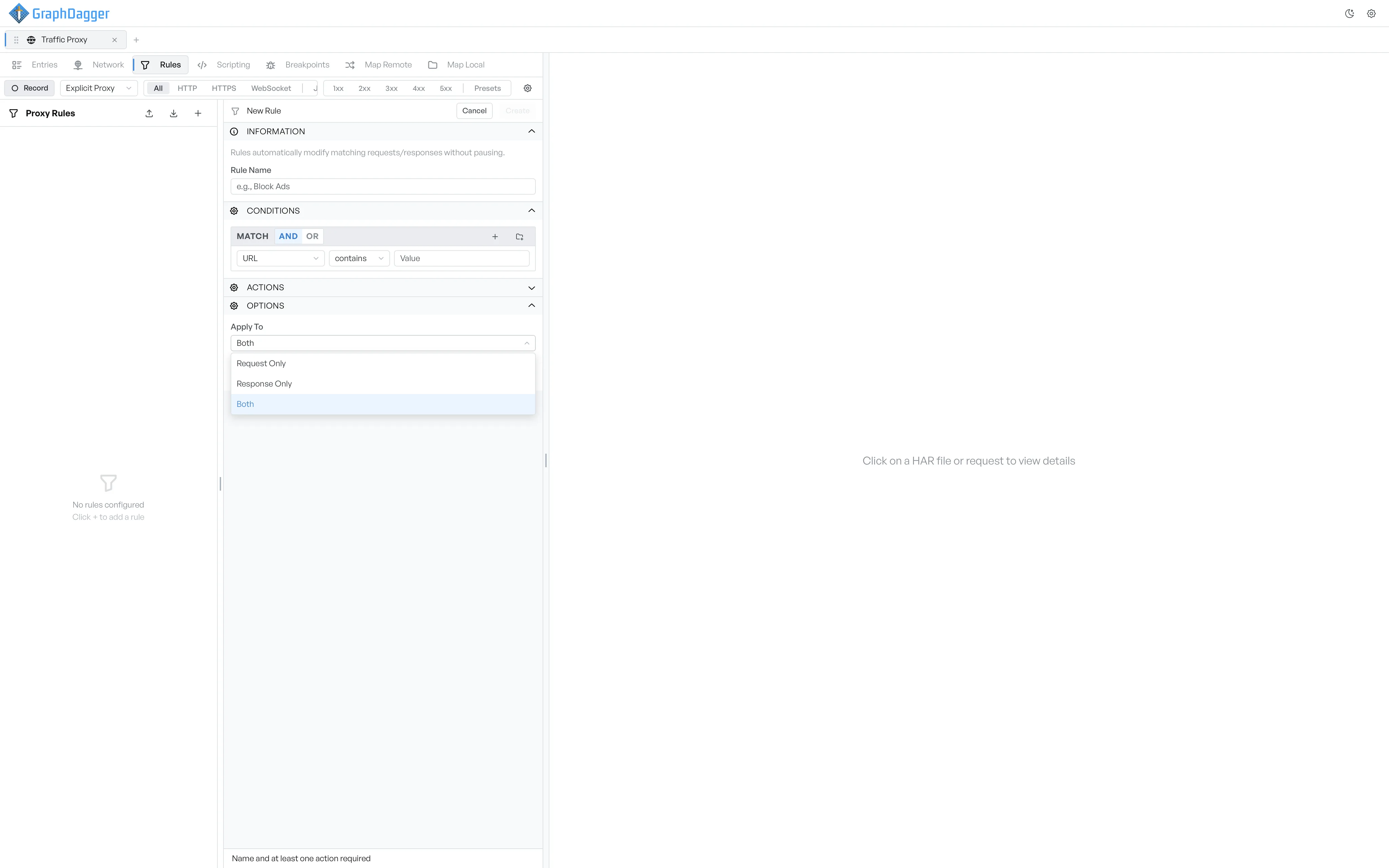 The Apply To dropdown open, showing Request Only, Response Only, and Both options