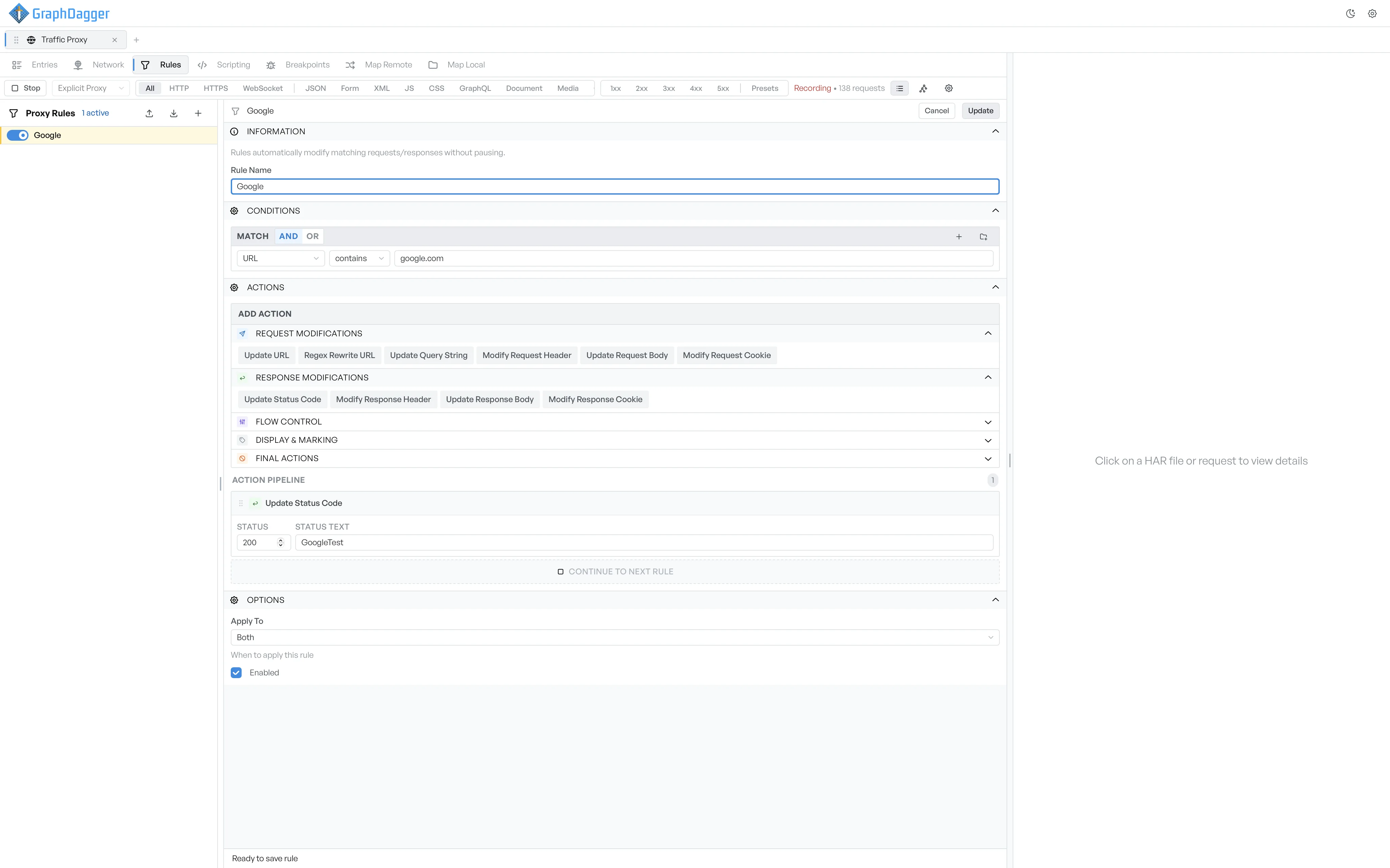 A rule named Google with a condition matching google.com and an Update Status Code action set to 200 GoogleTest in the pipeline