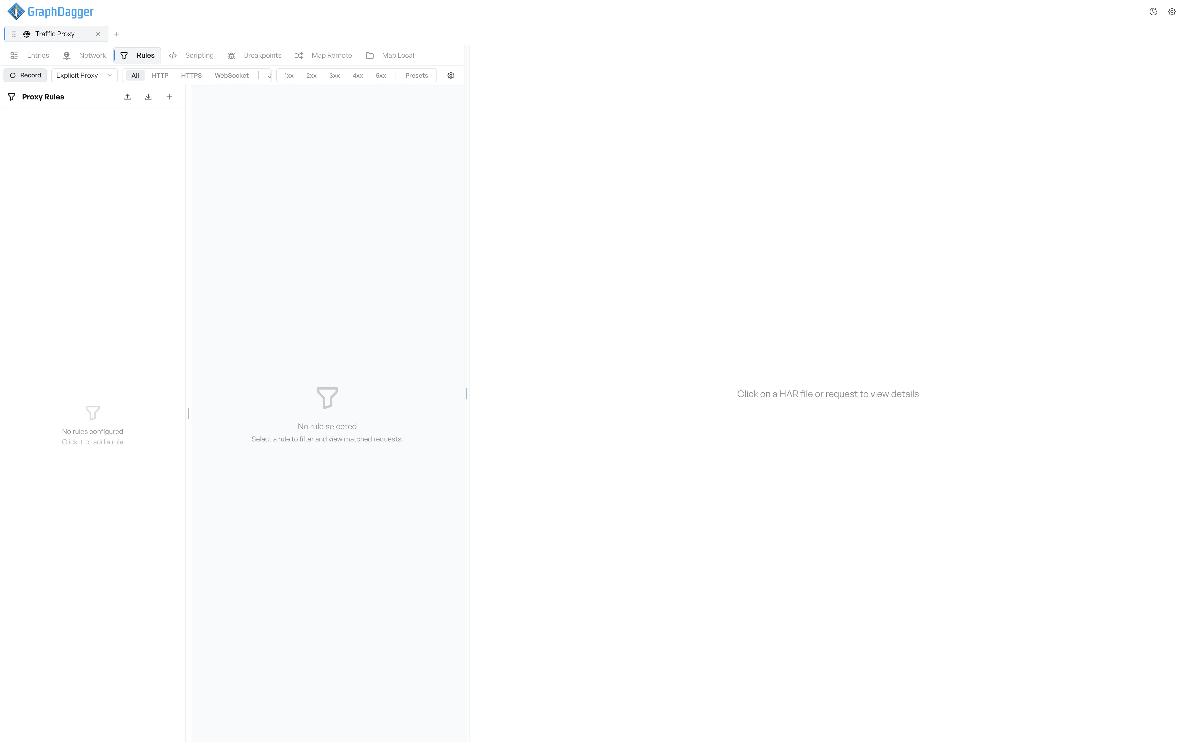 An empty Rules tab with an empty sidebar and a prompt to add a first rule