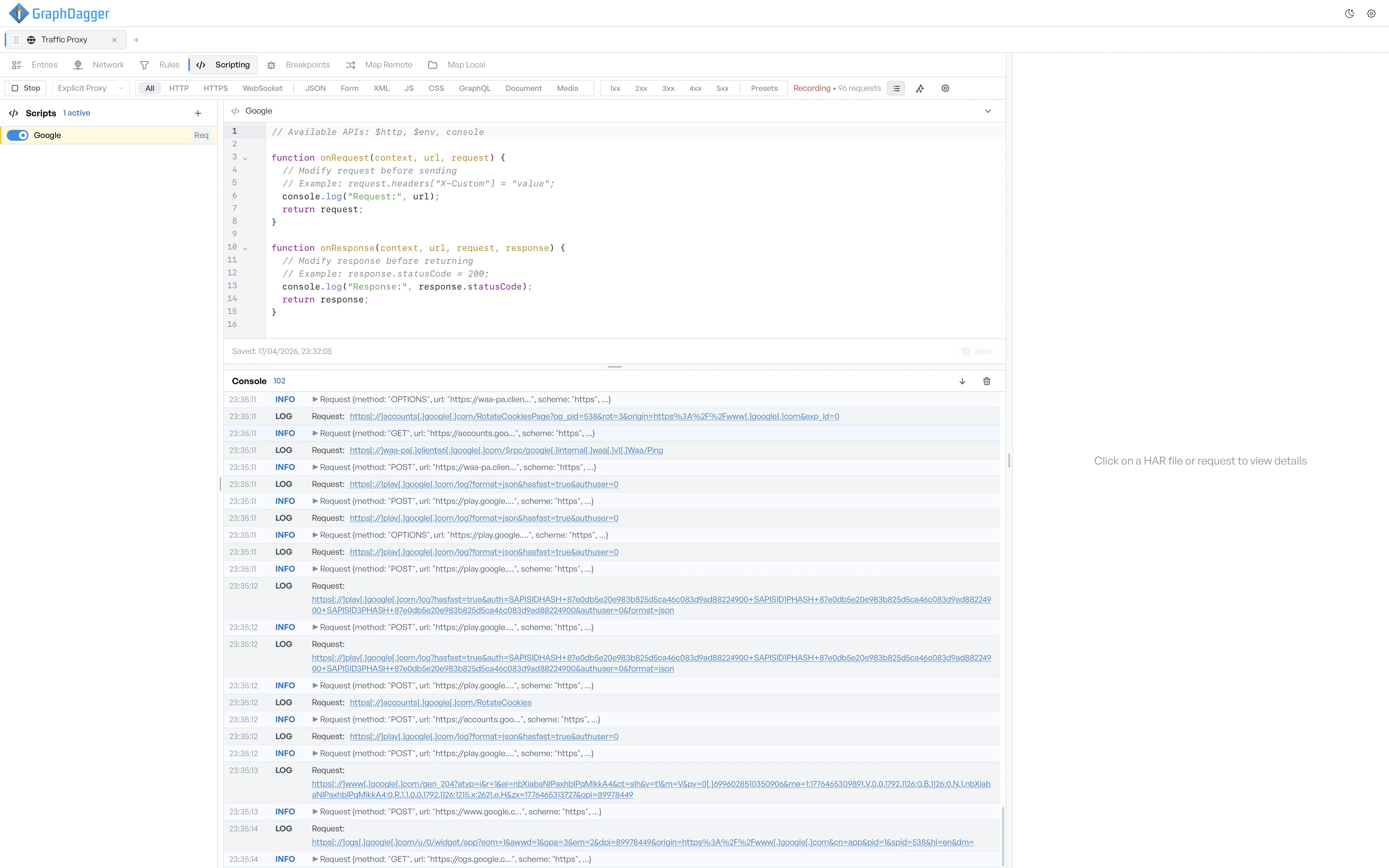The Console panel under the script editor showing timestamped log entries generated by the Google script during a live recording
