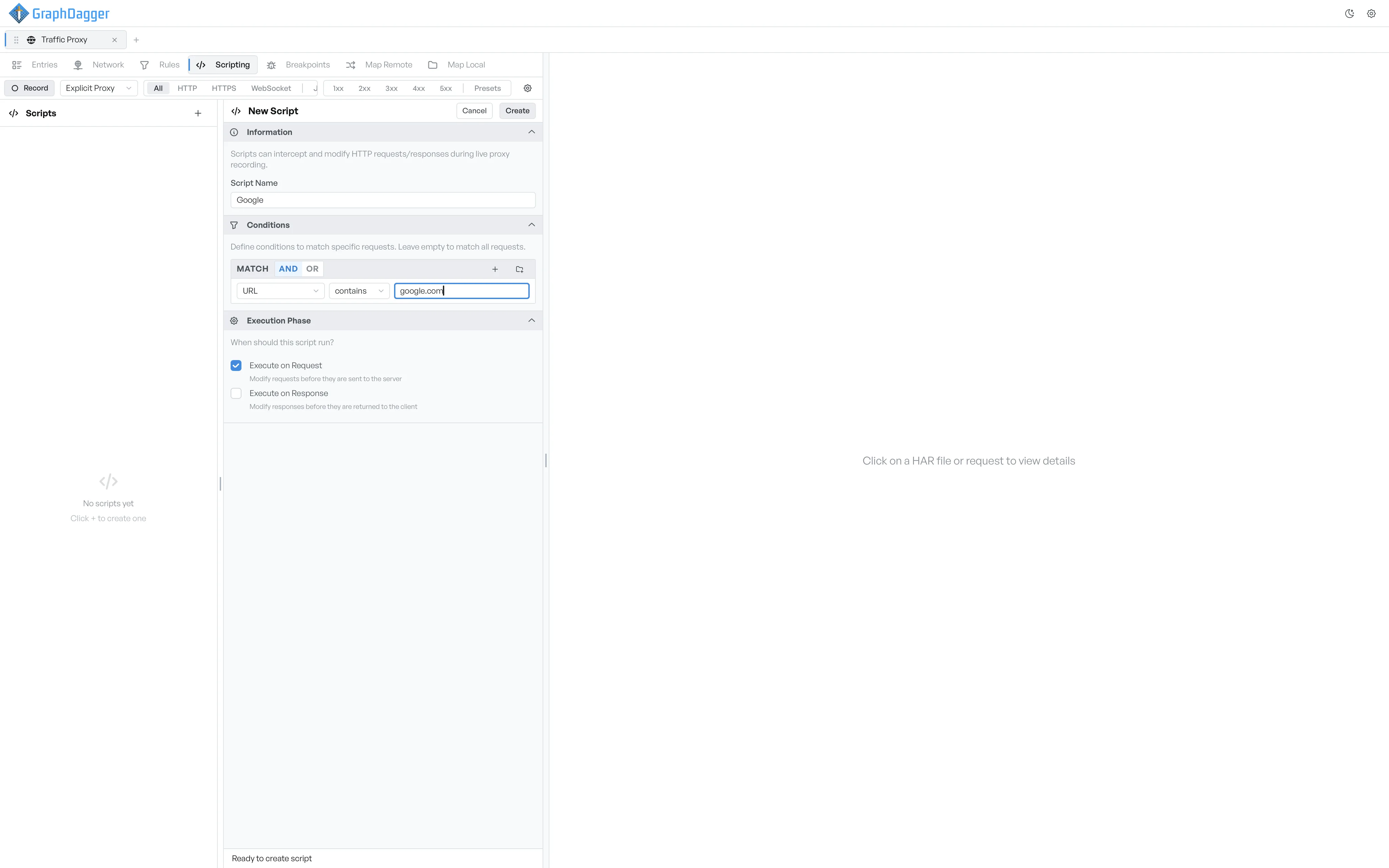 A new script form filled out with a name of Google and a URL condition matching google.com