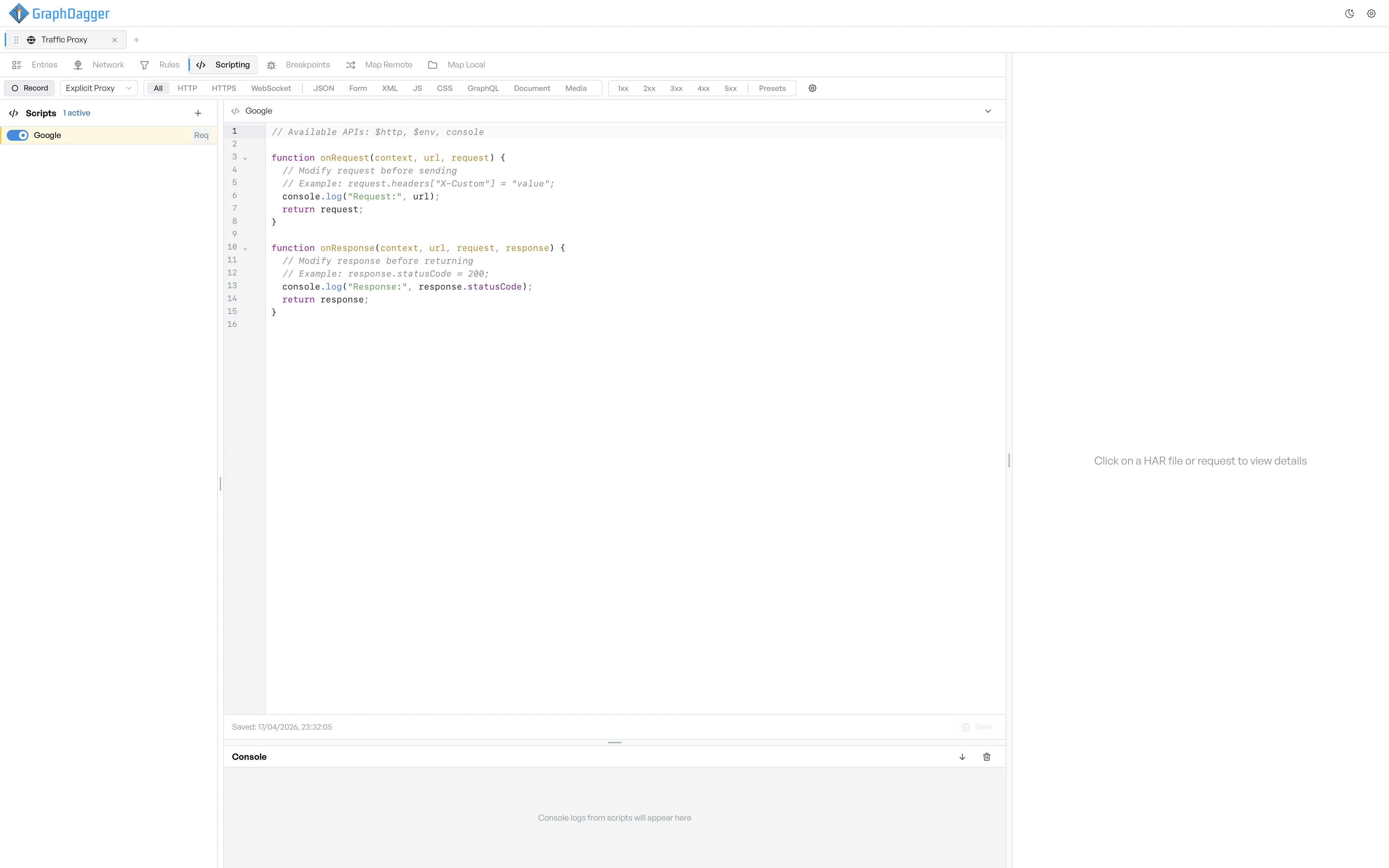 The script editor open on the Google script, showing the onRequest and onResponse template with the Console panel beneath