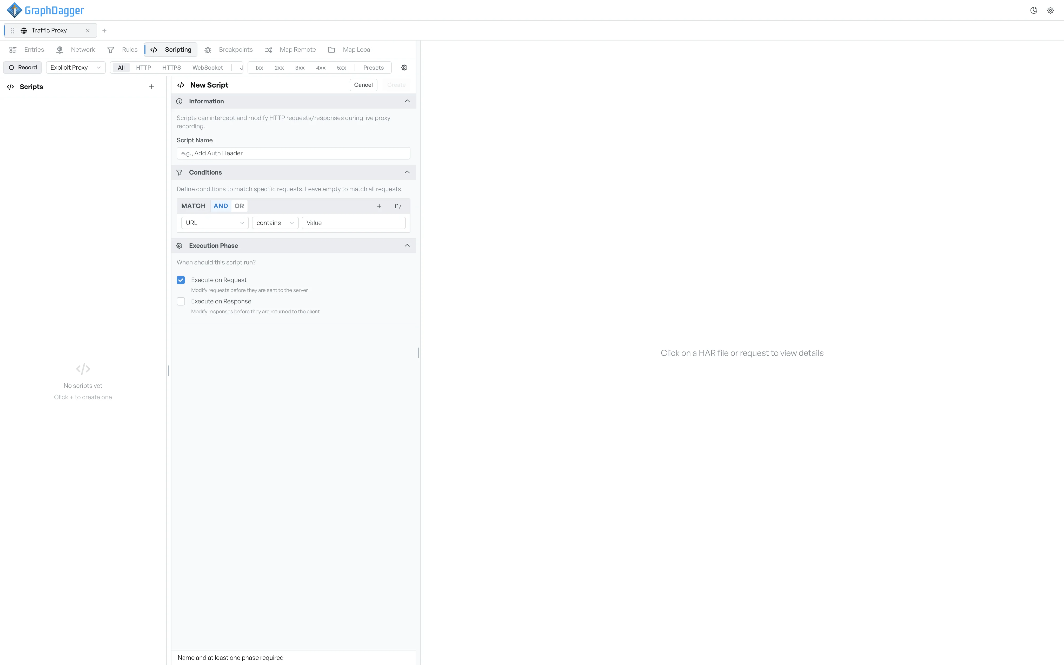 Execution phase section with Execute on Request and Execute on Response checkboxes and descriptions