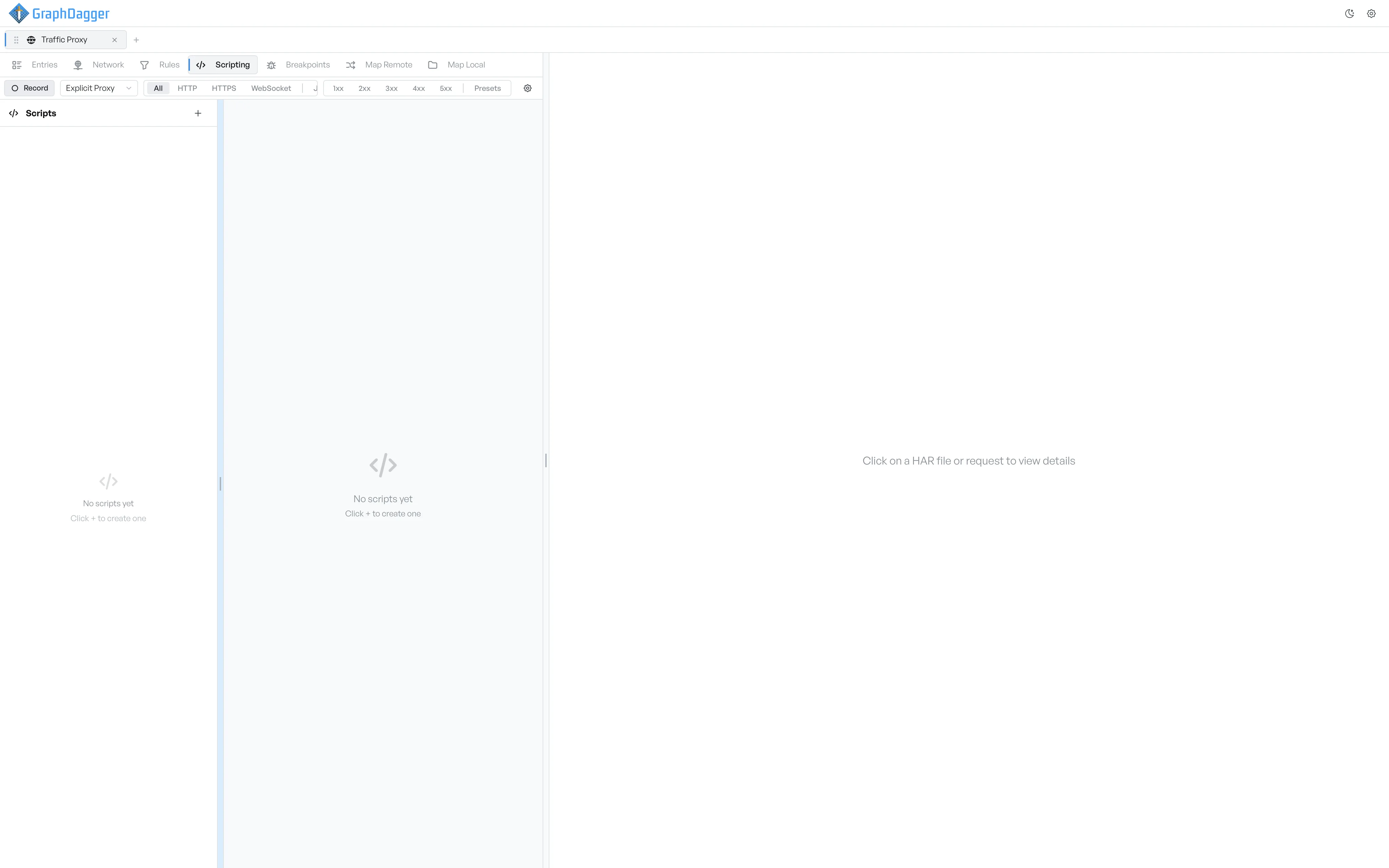 An empty Scripting tab with empty sidebar and centre prompting you to create a script