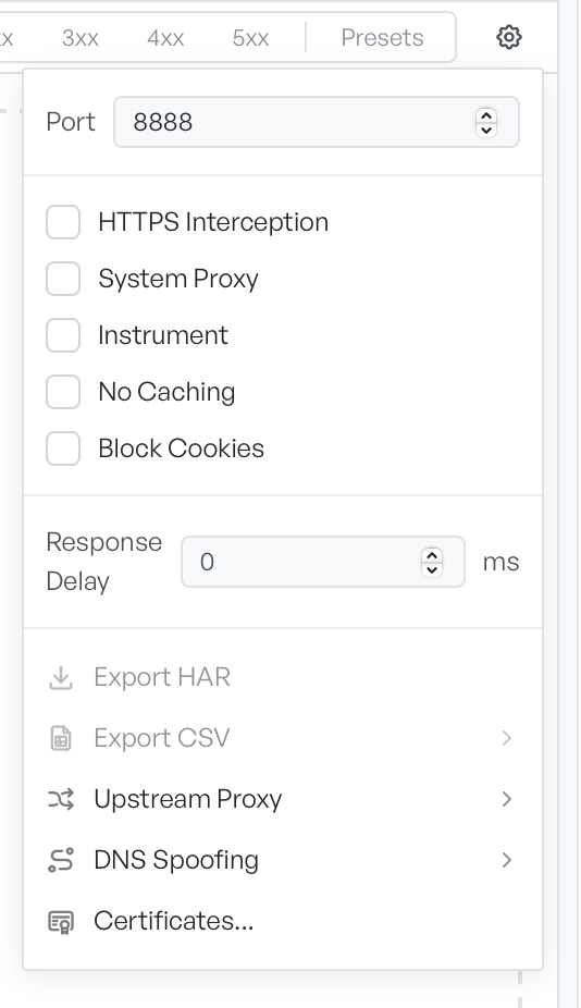 The settings popover with port, interception toggles, response delay, export entries, and links to upstream proxy, DNS spoofing, and certificates