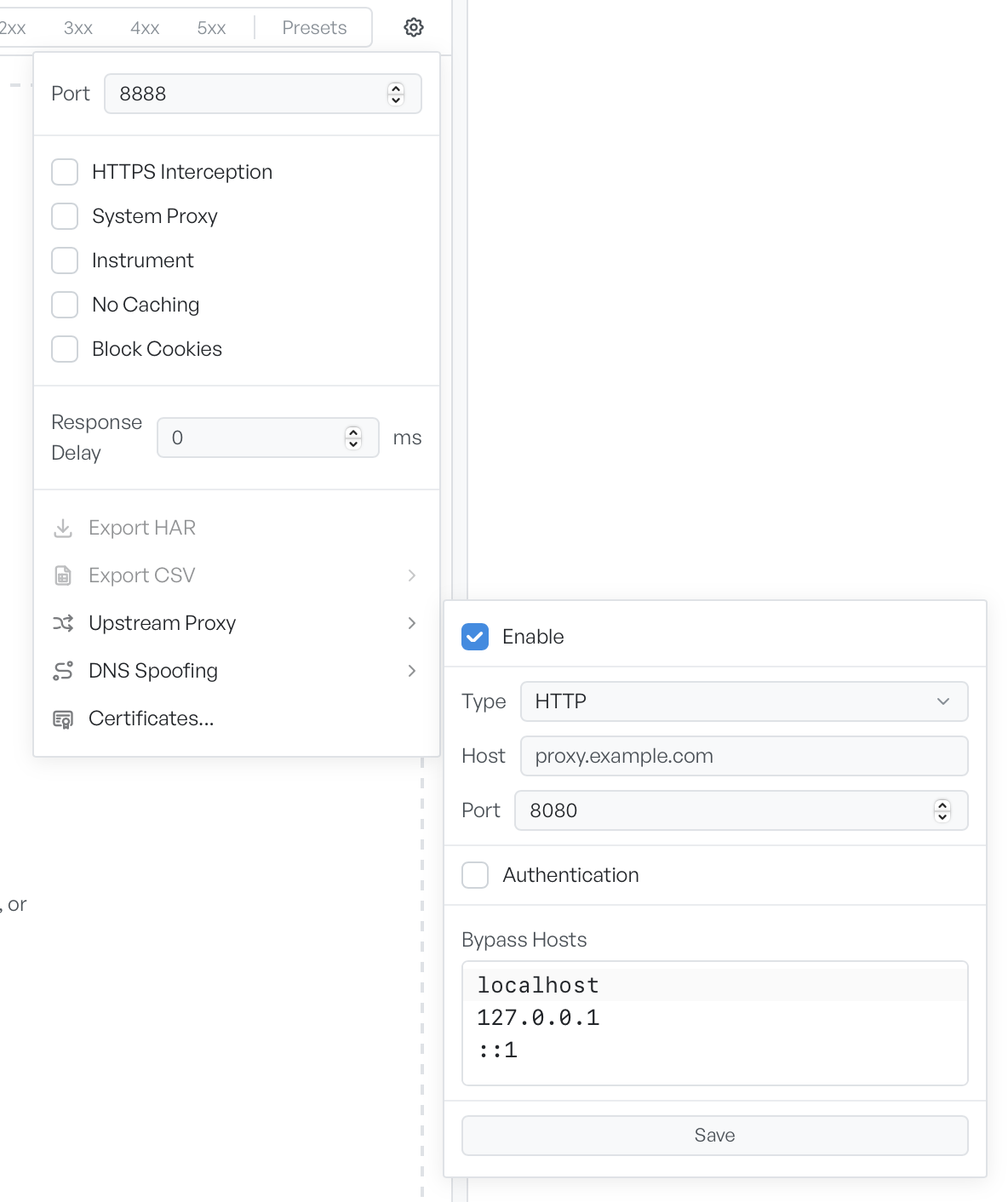 The Upstream Proxy dialog with type, host, port, authentication toggle, and a bypass hosts list